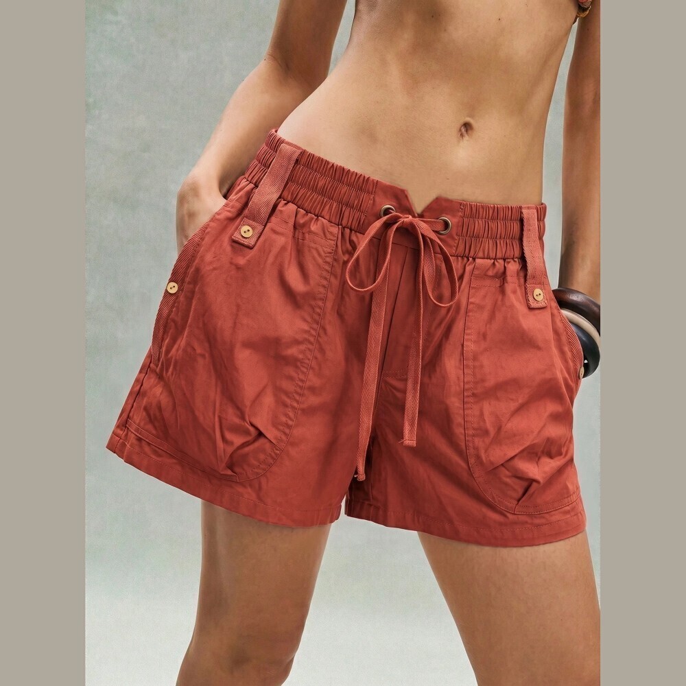Rust Terracotta Cotton Drawstring Cargo Shorts with Grommets